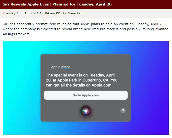 Sprachassistent Siri verplaudert sich - Nächstes Apple Event bereits am 20. April 2021 geplant 1